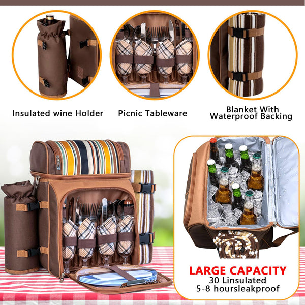 Picnic Backpack Cooler for 2/4 Person with Insulated Leakproof Cooler Bag, Wine Holder, Fleece Blanket, Cutlery Set