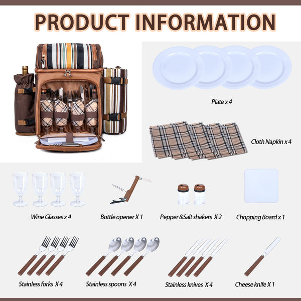 Picnic Backpack Cooler for 2/4 Person with Insulated Leakproof Cooler Bag, Wine Holder, Fleece Blanket, Cutlery Set