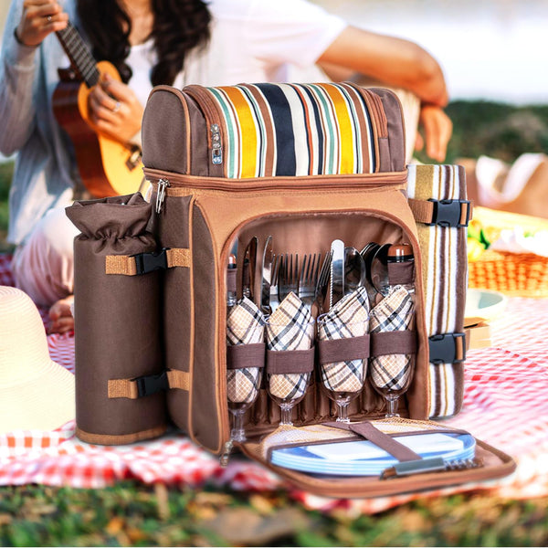 Picnic Backpack Cooler for 2/4 Person with Insulated Leakproof Cooler Bag, Wine Holder, Fleece Blanket, Cutlery Set