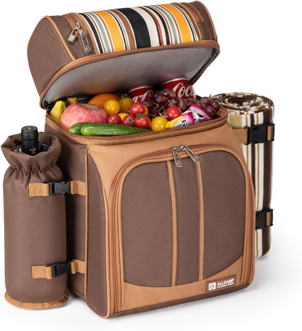 Picnic Backpack Cooler for 2/4 Person with Insulated Leakproof Cooler Bag, Wine Holder, Fleece Blanket, Cutlery Set