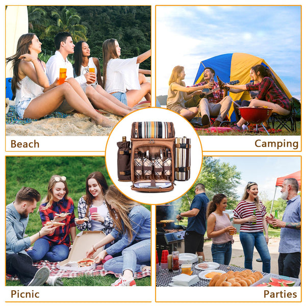 Picnic Backpack Cooler for 2/4 Person with Insulated Leakproof Cooler Bag, Wine Holder, Fleece Blanket, Cutlery Set