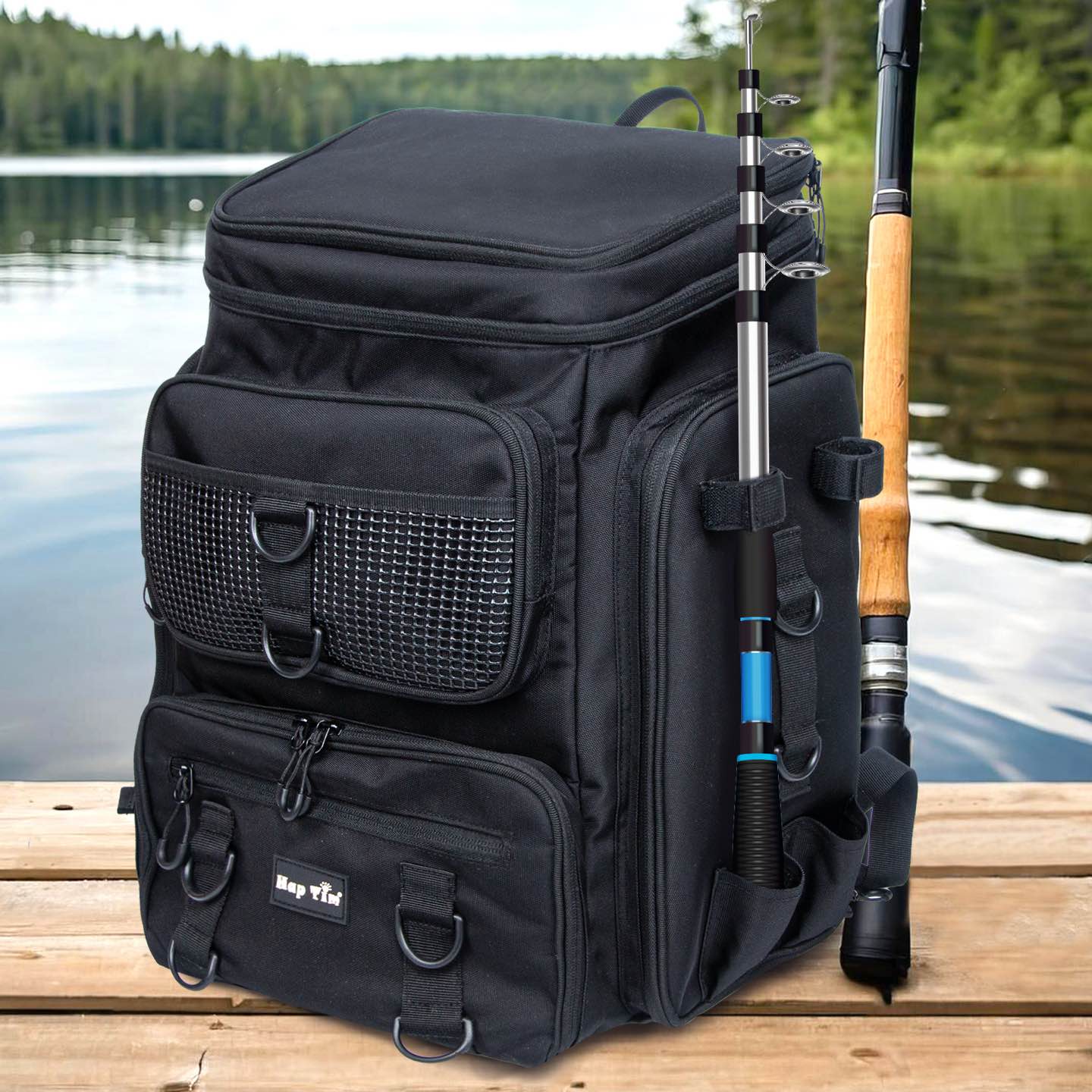 backpack tackle box with trays Hap Tim 42L Fishing Tackle Backpack Dual Rod Holders Camouflage