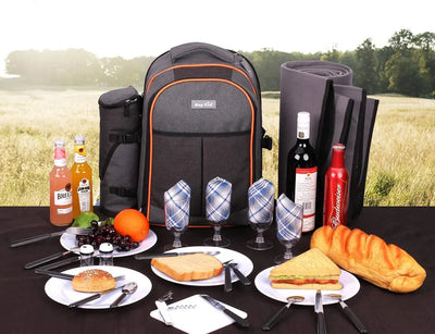 Picnic Basket Backpack for 4 Person with Insulated Cooler Compartment, Wine Holder, Fleece Blanket, Cutlery Set