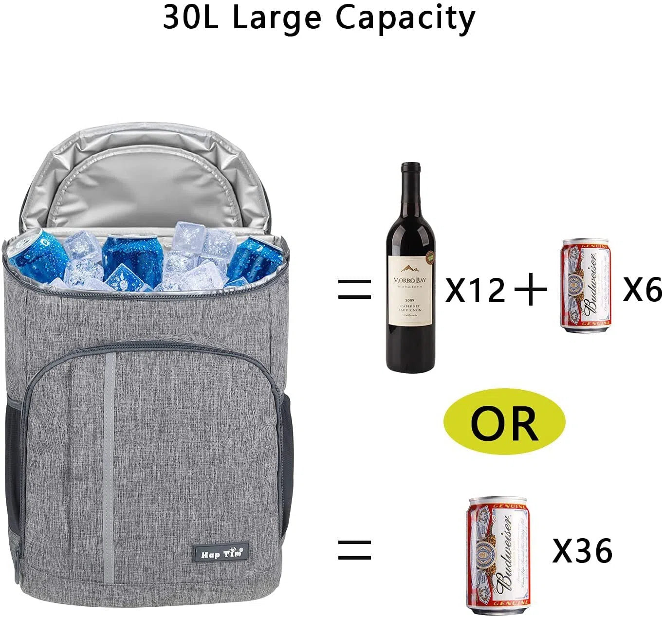 Hap Tim Backpack Cooler Insulated Waterproof Picnic Backpack 30 Can Soft Sided Grey for Beach, Camping, Hiking, Lunch (1002-G)