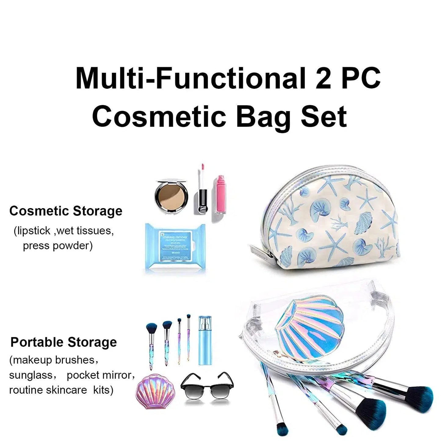 Hap Tim Small Cosmetic Bag for Purse, Cute Clear Bridesmaid Makeup Pouch Set, Portable & Waterproof Mini Cosmetic Bags for Teens Little Girls Holding Makeup Brushes Lipsticks Glasses Accessories, Set of 2, Blue