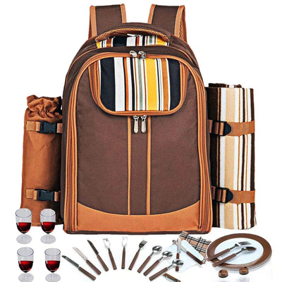 4 Person Picnic Backpack with Wine Pouch, Blanket & Cutlery Set