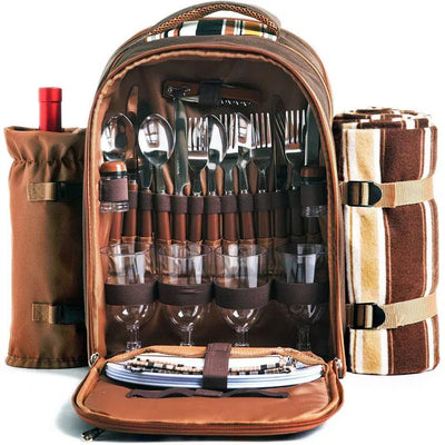 4 Person Picnic Backpack with Wine Pouch, Blanket & Cutlery Set