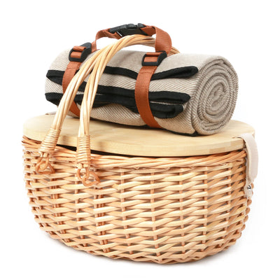 Insulated Wicker Picnic Basket Set with Lid and Picnic Blanket for Two