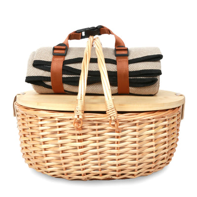 Insulated Wicker Picnic Basket Set with Lid and Picnic Blanket for Two