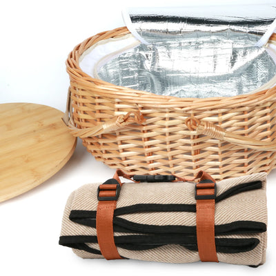 Insulated Wicker Picnic Basket Set with Lid and Picnic Blanket for Two