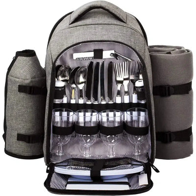 Picnic Backpack for 4 Person with Cutlery Set, Cooler Compartment, Detachable Bottle, Wine Holder, Fleece Blanket